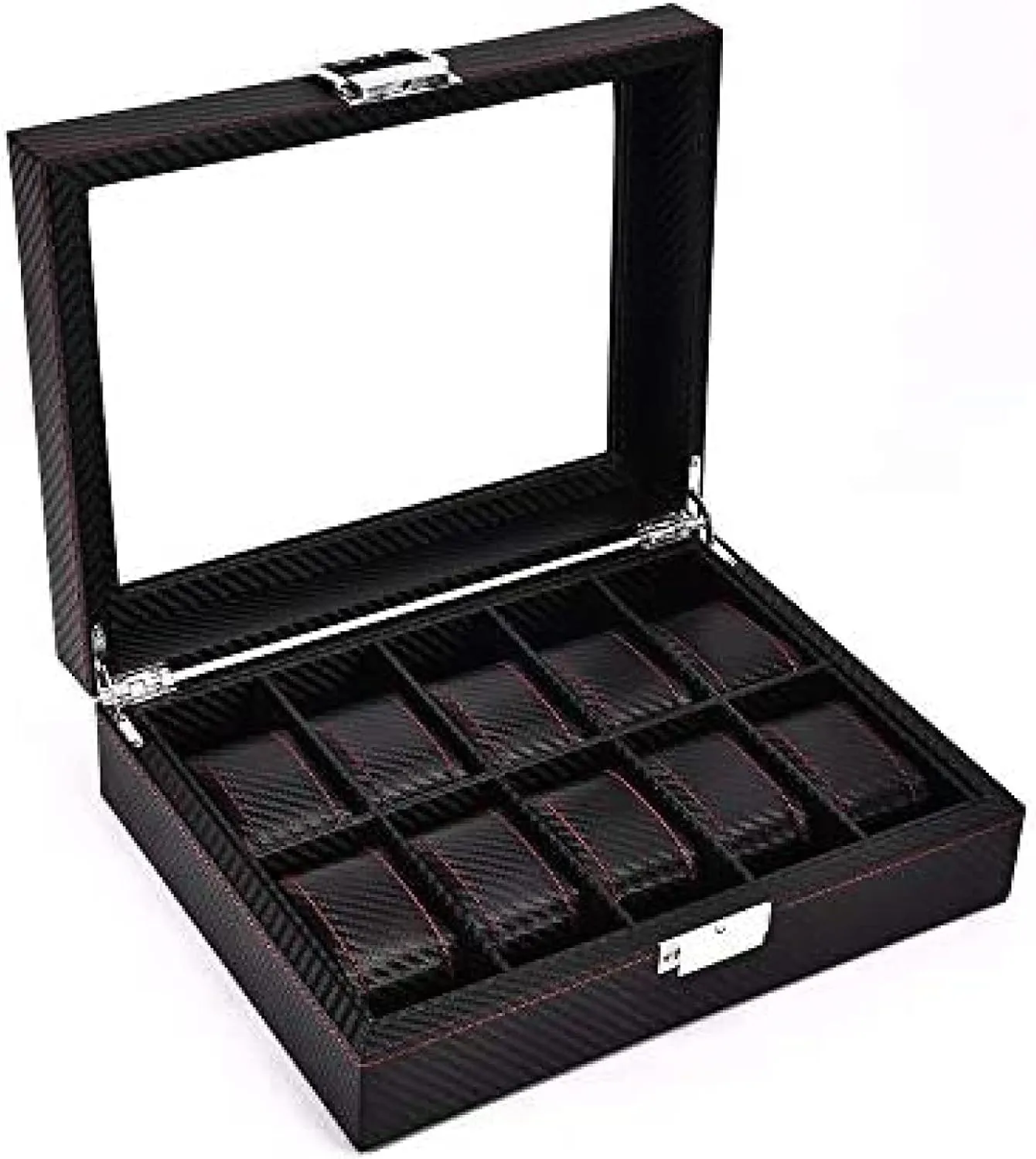 10 Grids Watch Box Black Carbon Fiber Transparent Cover Jewellery Display Box for Watches Bracelets Watch Case Storage Organizer Elegance Gift Box for Women and Men Wrist Watch Holder