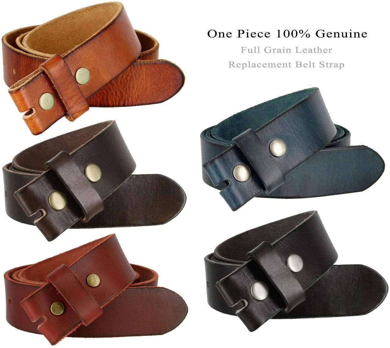 100% One-Piece Full Grain Leather Belt Straps with No Slot Hole/Slot Hole/Heavy-Duty, Multi Options 1-1/2" (38mm) Wide