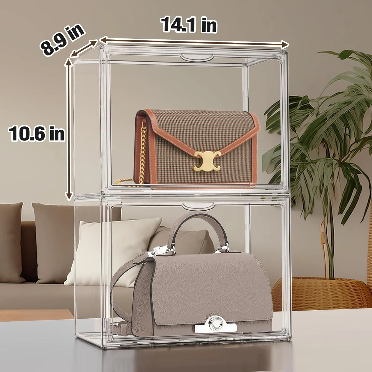 10Pack Clear Stackable Plastic Storage Bins with Magnetic Lid, X-Large Acrylic Display Cases for Book Cosmetic Figures Collectibles Showcase, Shoe Box, Bag Organizer