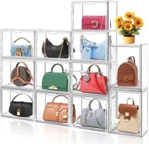 10Pack Clear Stackable Plastic Storage Bins with Magnetic Lid, X-Large Acrylic Display Cases for Book Cosmetic Figures Collectibles Showcase, Shoe Box, Bag Organizer