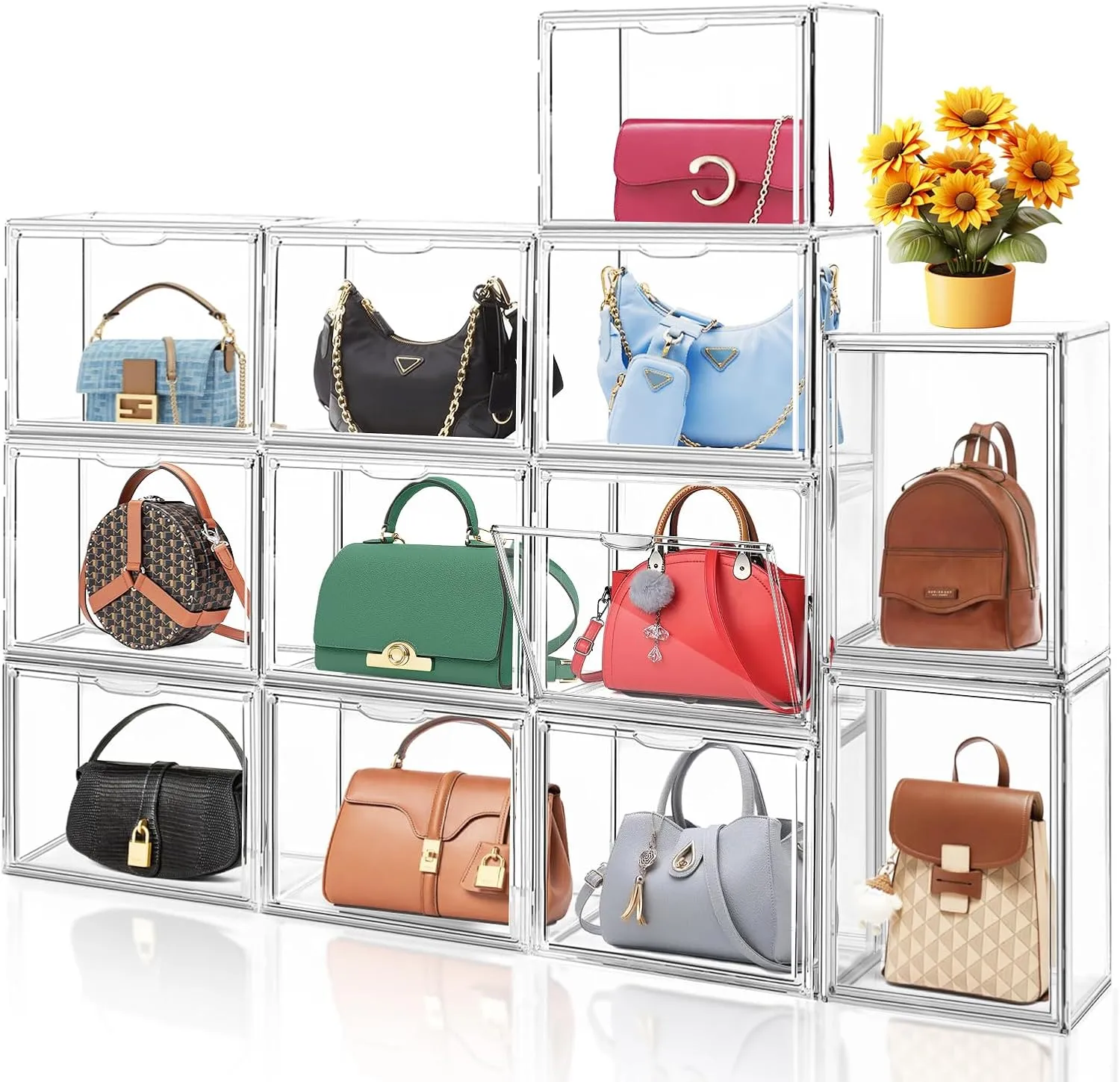 10Pack Clear Stackable Plastic Storage Bins with Magnetic Lid, X-Large Acrylic Display Cases for Book Cosmetic Figures Collectibles Showcase, Shoe Box, Bag Organizer
