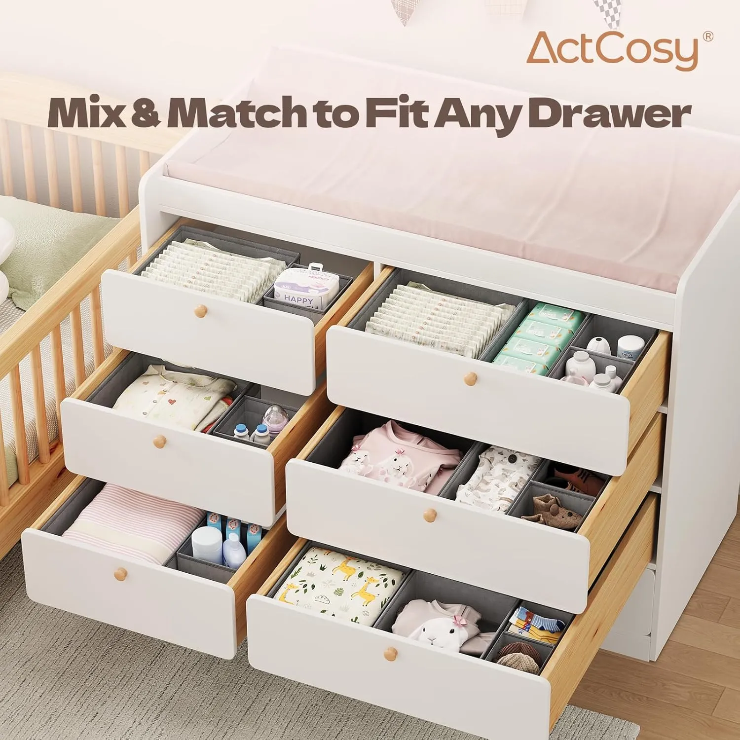 12 Pack Drawer Organizer for Baby Clothes, Nursery Organizer for Baby Diaper, Collapsible Deep Fabric Drawer Organizer with Zipper for Socks, Bra, Towels, Ties, Grey