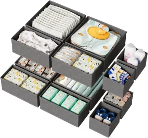 12 Pack Drawer Organizer for Baby Clothes, Nursery Organizer for Baby Diaper, Collapsible Deep Fabric Drawer Organizer with Zipper for Socks, Bra, Towels, Ties, Grey