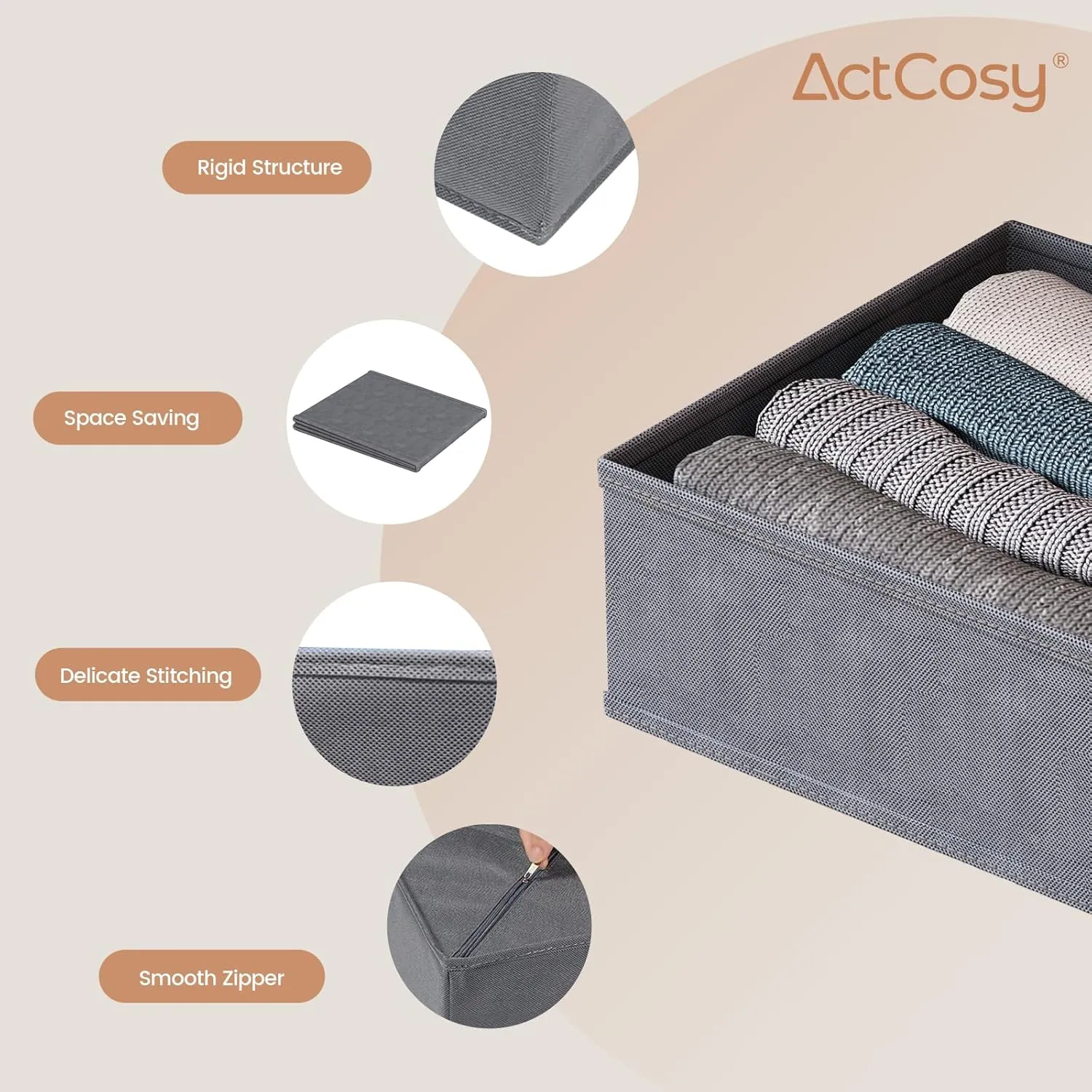 12 Pack Drawer Organizer for Baby Clothes, Nursery Organizer for Baby Diaper, Collapsible Deep Fabric Drawer Organizer with Zipper for Socks, Bra, Towels, Ties, Grey