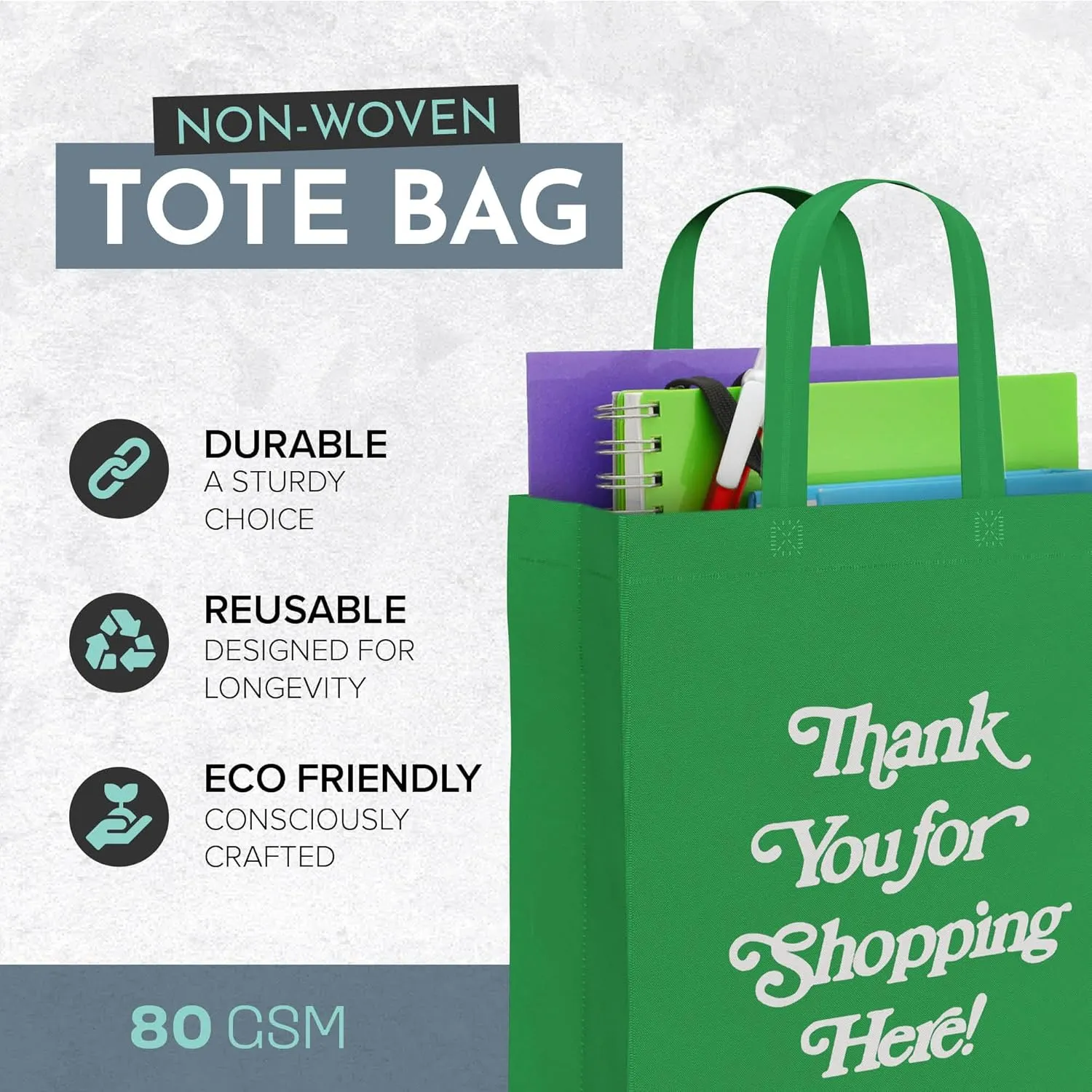 12-Pack Thank You Gift Bags | Length 13"" X Width 8"" X Height 15"" Non-Woven Bags Reusable Gift Bag with Sturdy Handles Shopping Tote Bags, Black, Standard