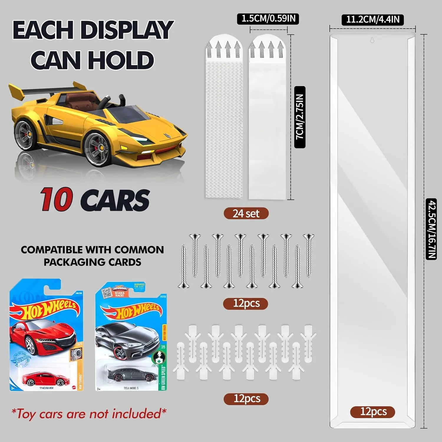 12 Pcs Model Car Display Cases Wall Mount, Holds Up to 120 Cars Compatible with Hot Wheels Packaged Cars and Diecast Blister Packed Toy Car Organizer, Toy Cars Organizer Wall Display Case