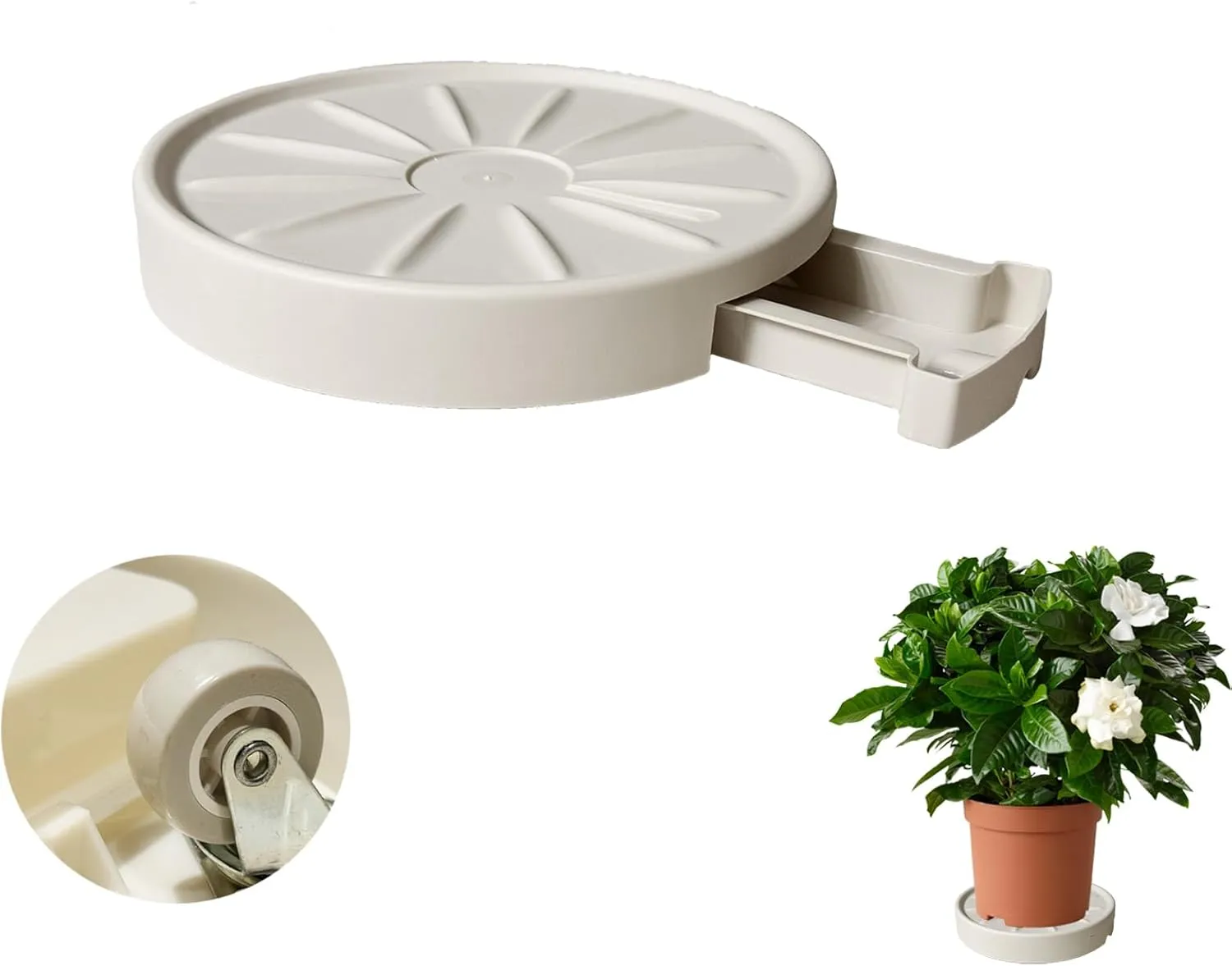 12” Plants Caddy with Hidden Wheels, Indoor Rolling Plant Stand with Drain, Plants Roller Trays, Built-in Drainage Tray, Wheeled Plant Holder Base, Beige