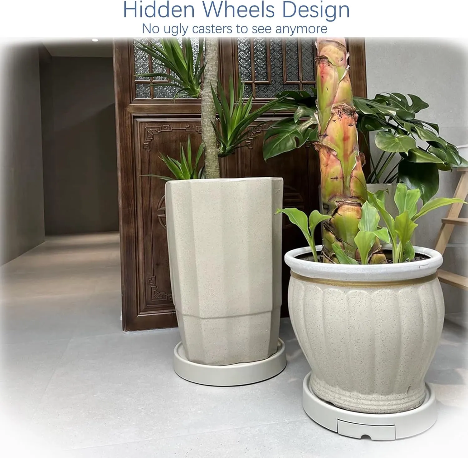 12” Plants Caddy with Hidden Wheels, Indoor Rolling Plant Stand with Drain, Plants Roller Trays, Built-in Drainage Tray, Wheeled Plant Holder Base, Beige