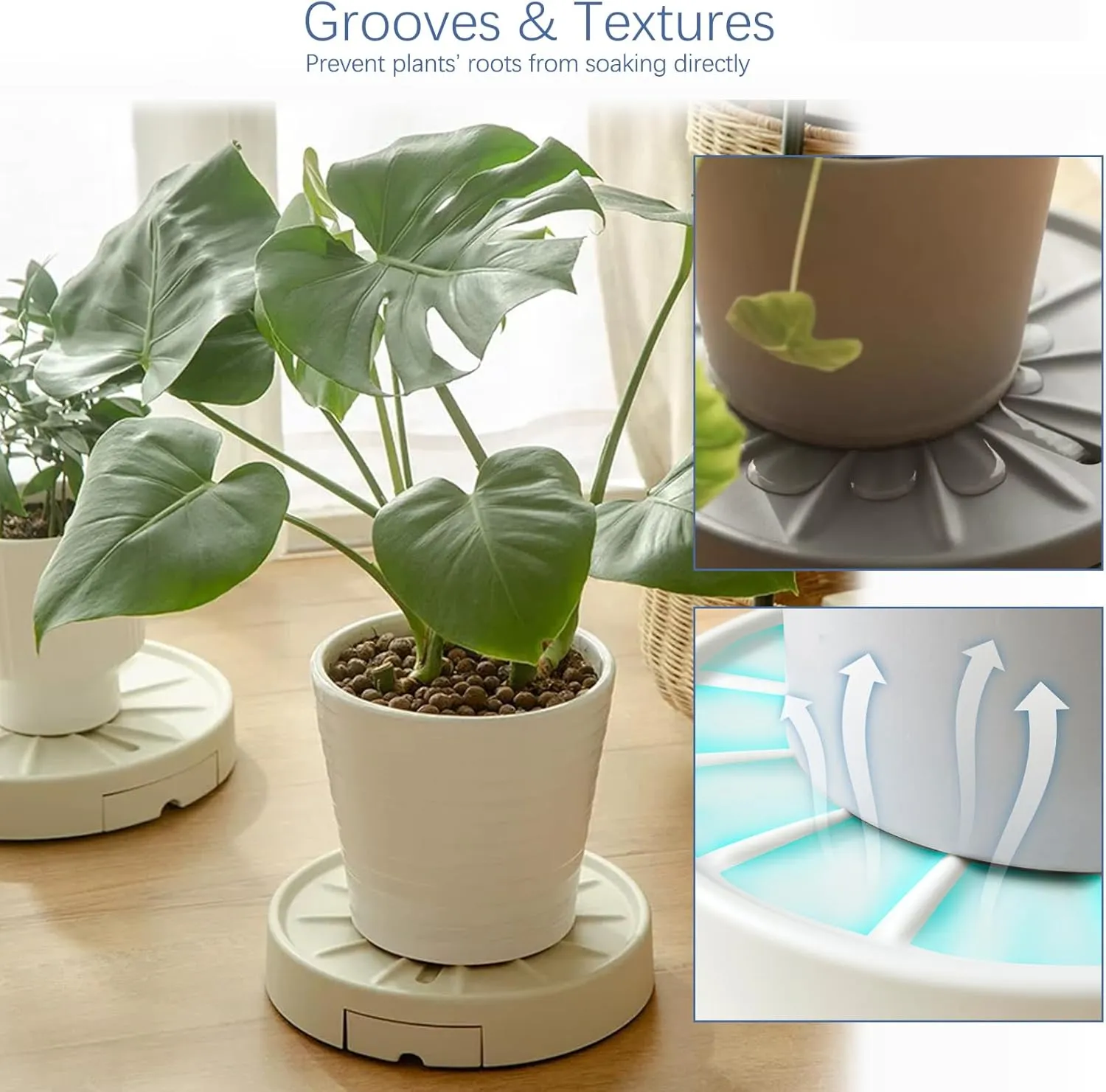 12” Plants Caddy with Hidden Wheels, Indoor Rolling Plant Stand with Drain, Plants Roller Trays, Built-in Drainage Tray, Wheeled Plant Holder Base, Beige