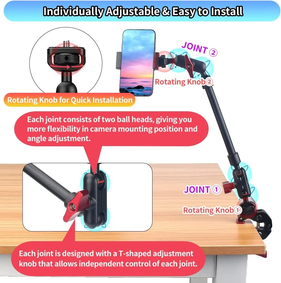 13"/34cm Magic Arm w Clamp, Camera Mount & Clamp w 1/4" 3/8" Threads and Articulating Friction Magic Arm, Overhead Phone Mount, Camera Boom Arm Mount for Light Webcam Mic Action Camera Monitor
