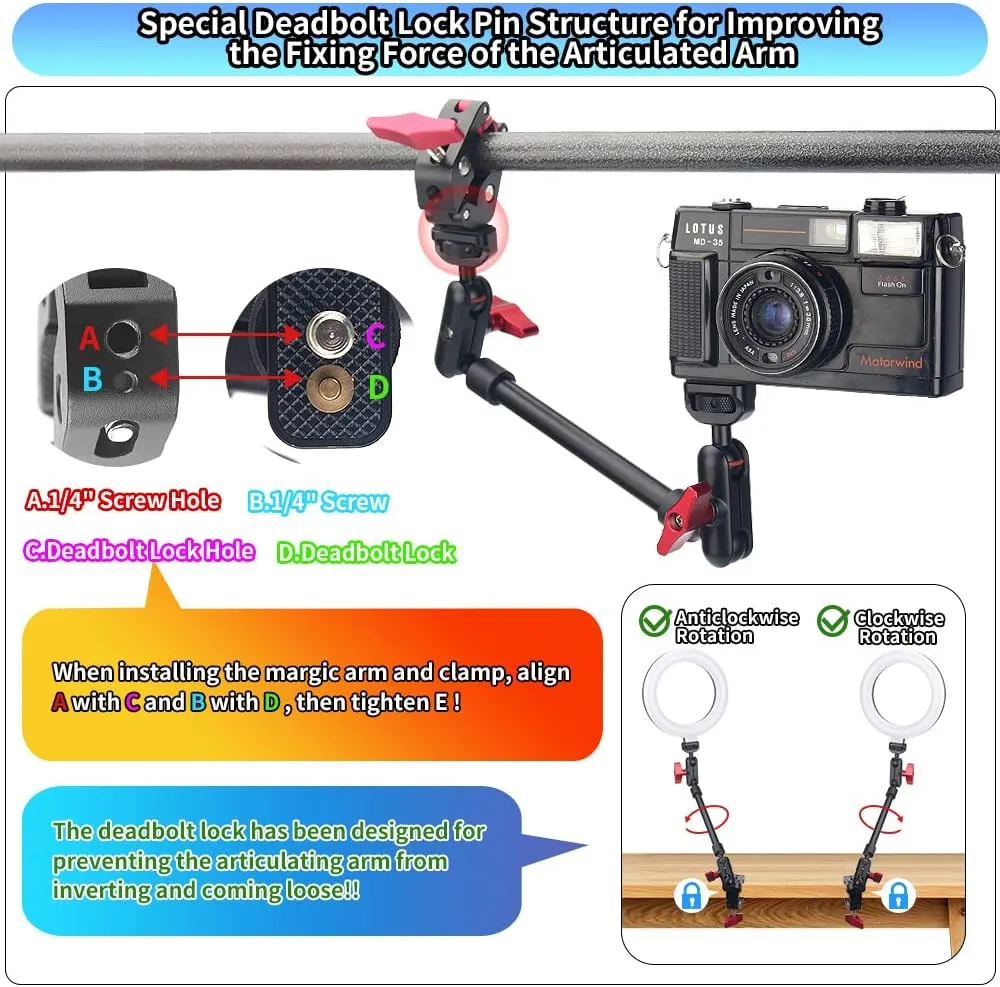 13"/34cm Magic Arm w Clamp, Camera Mount & Clamp w 1/4" 3/8" Threads and Articulating Friction Magic Arm, Overhead Phone Mount, Camera Boom Arm Mount for Light Webcam Mic Action Camera Monitor