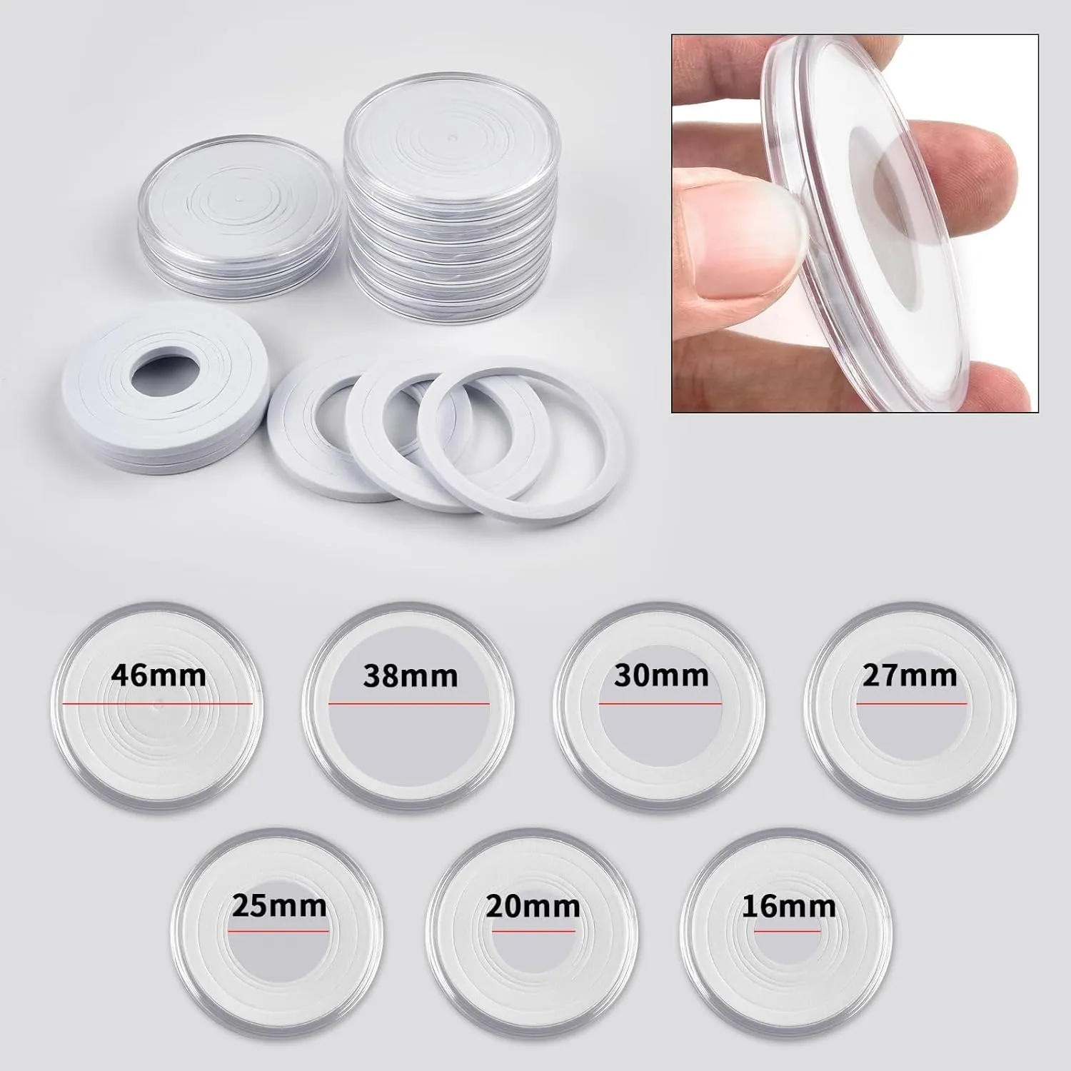 168 Pcs 46mm Coin Capsules Case with Foam Gasket, Plastic Storage Organizer Holder for Coin Collection Supplies, 7 Sizes (16/20/ 25/27/ 30/38/ 46mm) (Box Only)-White