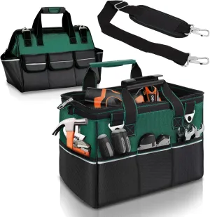 17 inch Heavy Duty Tool Bag - Large Capacity Thickened Wear-resisting Tool Bag, Portable Tote Toolbox Hard Bottom - Multi-pocket Tool Organizer with Adjustable Shoulder Strap (Green, 17 inch)