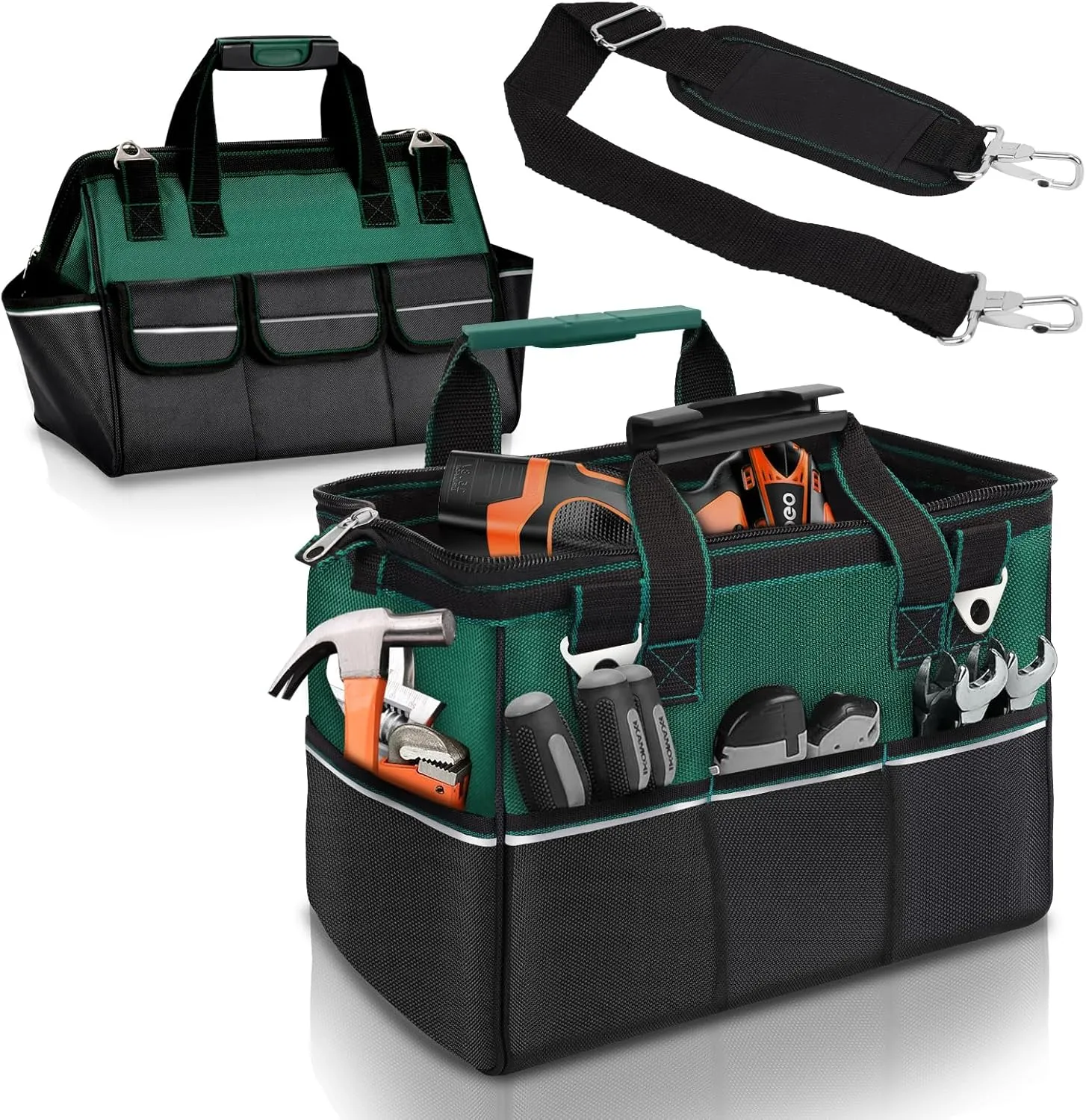 17 inch Heavy Duty Tool Bag - Large Capacity Thickened Wear-resisting Tool Bag, Portable Tote Toolbox Hard Bottom - Multi-pocket Tool Organizer with Adjustable Shoulder Strap (Green, 17 inch)