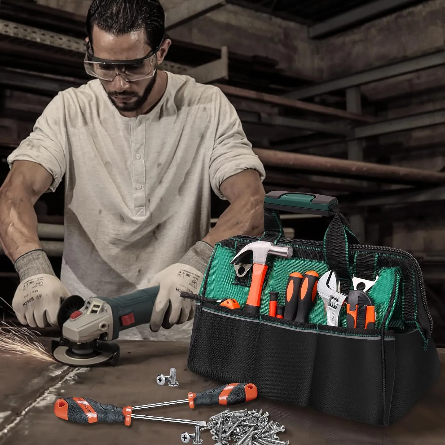 17 inch Heavy Duty Tool Bag - Large Capacity Thickened Wear-resisting Tool Bag, Portable Tote Toolbox Hard Bottom - Multi-pocket Tool Organizer with Adjustable Shoulder Strap (Green, 17 inch)