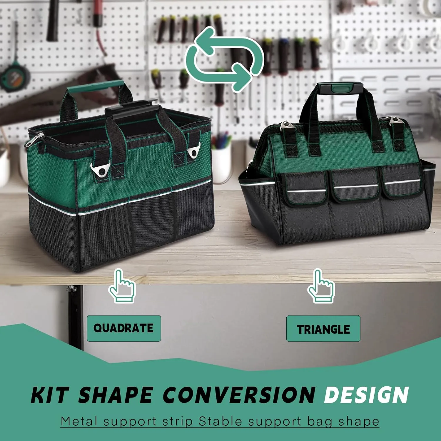 17 inch Heavy Duty Tool Bag - Large Capacity Thickened Wear-resisting Tool Bag, Portable Tote Toolbox Hard Bottom - Multi-pocket Tool Organizer with Adjustable Shoulder Strap (Green, 17 inch)