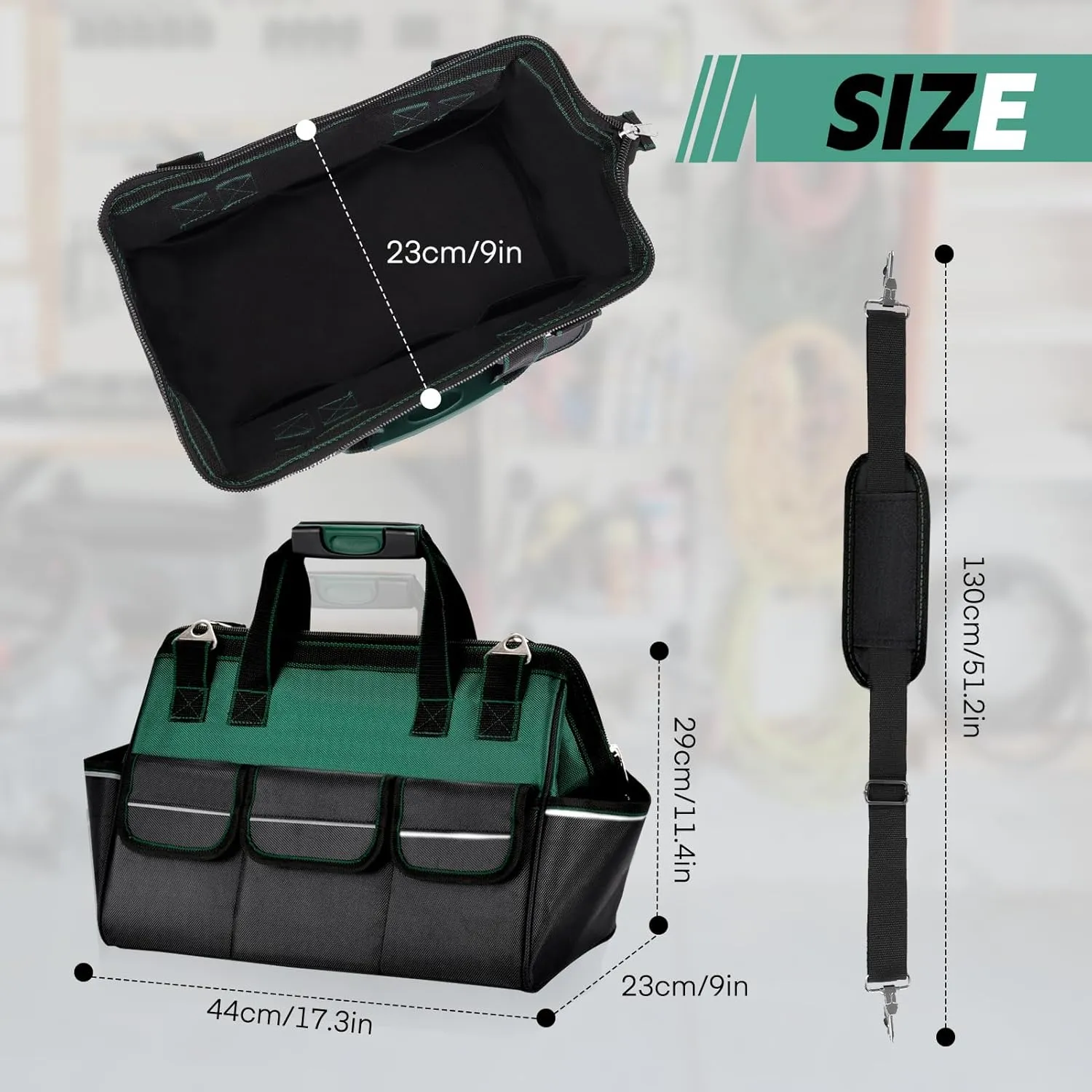 17 inch Heavy Duty Tool Bag - Large Capacity Thickened Wear-resisting Tool Bag, Portable Tote Toolbox Hard Bottom - Multi-pocket Tool Organizer with Adjustable Shoulder Strap (Green, 17 inch)