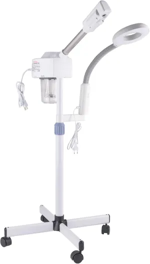 2 in 1 Facial Steamer Pro Ionic Ozone Facial Steamer on Wheels with 3X Magnifying Lamp Hot Mist Function for Salon Spa Home Beauty Equipment, White