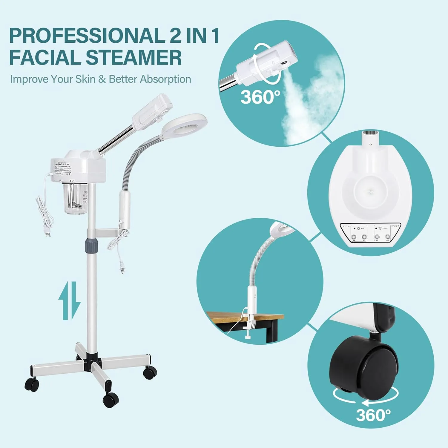 2 in 1 Facial Steamer Professional Nano Ionic Face Deep Cleansing Hydration with 5X Magnifying LED Lamp & Rolling Wheels, High Frequency, Portable Home Spa Salon Beauty Skin Care Equipment