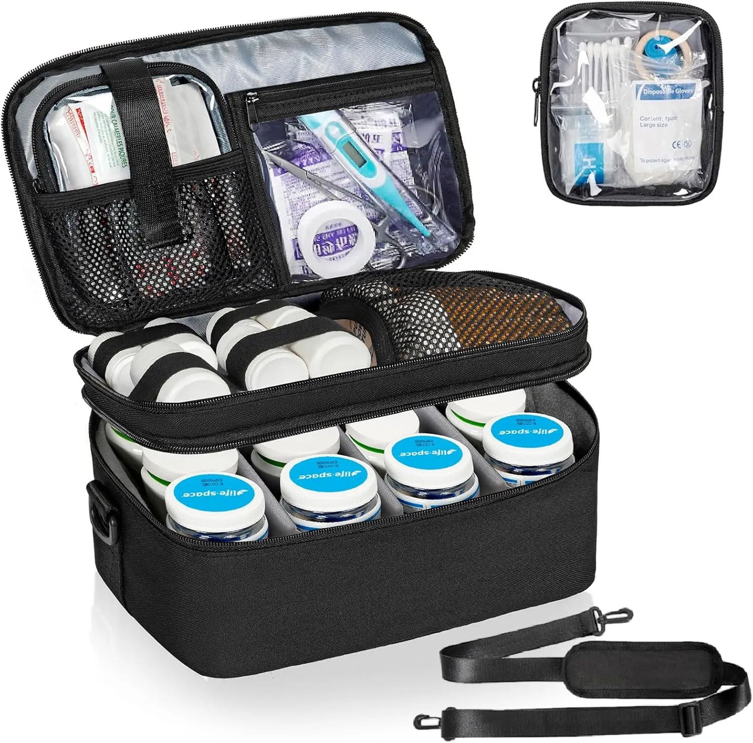 2 Layers Medicine Storage Organizer Bag with Portable Pouch, Pill Bottle Organizer Case for Pills, Vitamin, Fish Oil, Lockable Medicine Storage Bag for Home and Travel