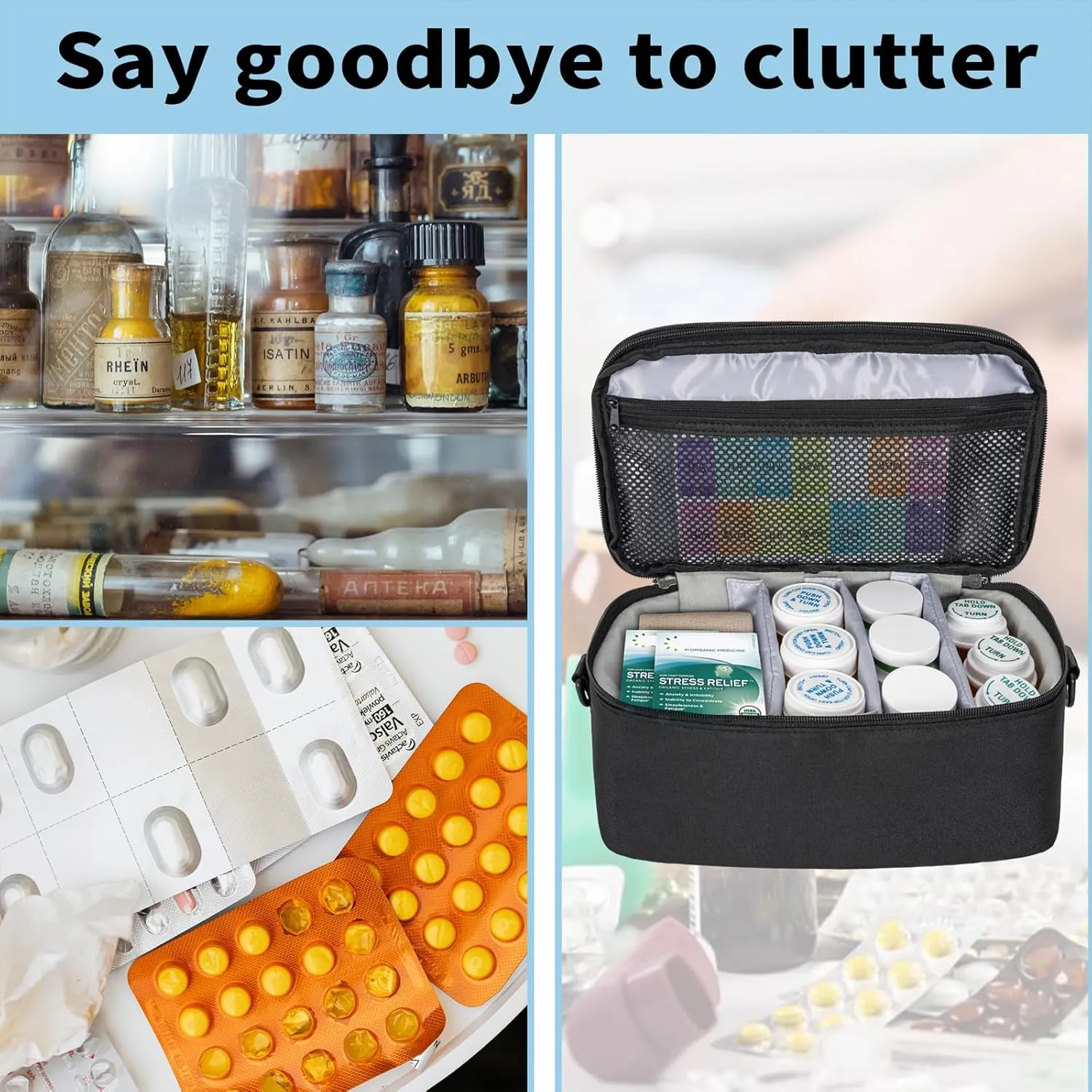 2 Layers Medicine Storage Organizer Bag with Portable Pouch, Pill Bottle Organizer Case for Pills, Vitamin, Fish Oil, Lockable Medicine Storage Bag for Home and Travel