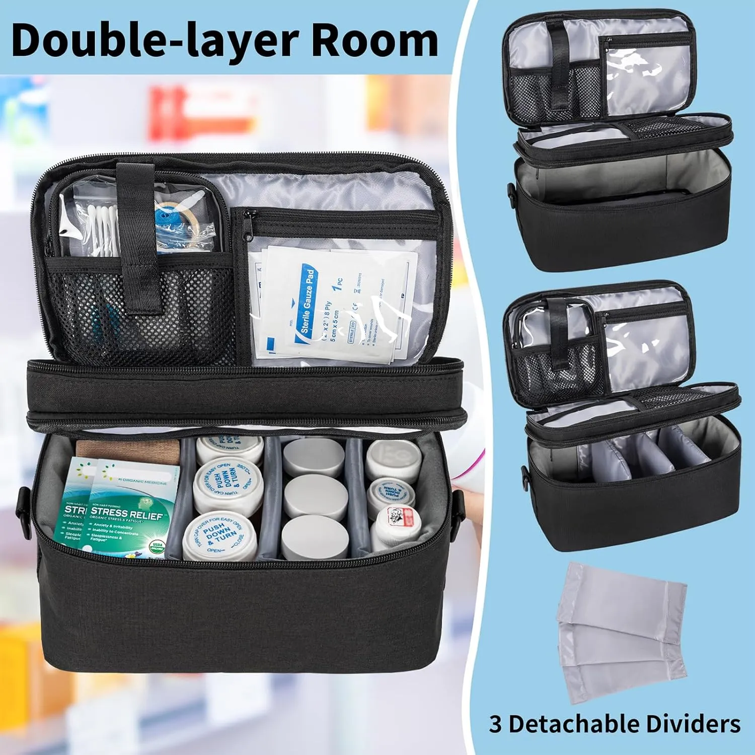 2 Layers Medicine Storage Organizer Bag with Portable Pouch, Pill Bottle Organizer Case for Pills, Vitamin, Fish Oil, Lockable Medicine Storage Bag for Home and Travel