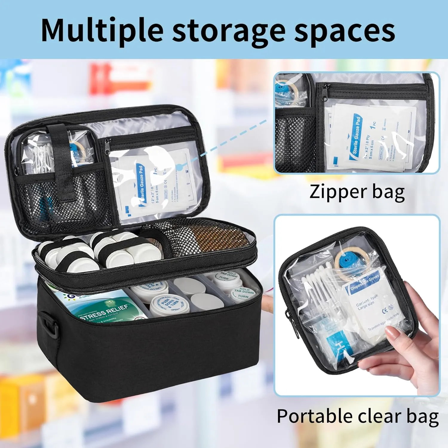2 Layers Medicine Storage Organizer Bag with Portable Pouch, Pill Bottle Organizer Case for Pills, Vitamin, Fish Oil, Lockable Medicine Storage Bag for Home and Travel