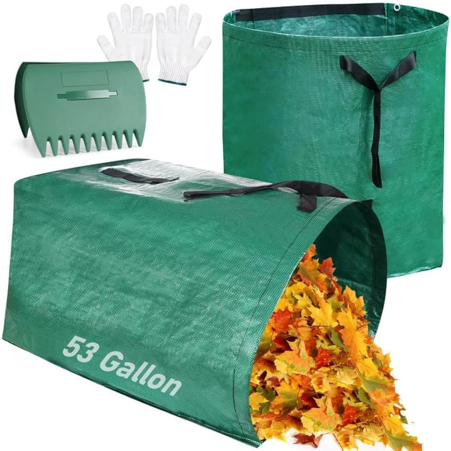 2 Pack 53 Gallon Leaf Bags Foldable, Garden Bag for Collecting Leaves, Hardshell Bottom Heavy Duty Collapsible Garden Bag, Includes Scoops and Gloves for Lawn Pool Garden Leaf Waste Bag