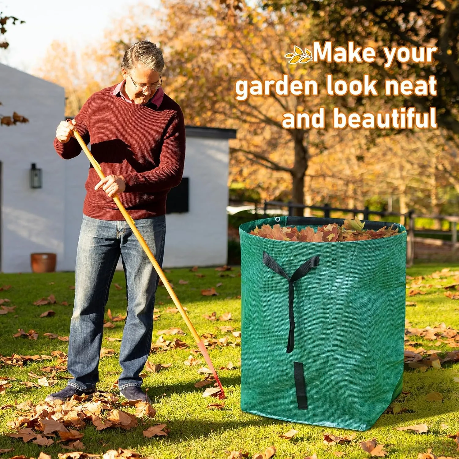 2 Pack 53 Gallon Leaf Bags Foldable, Garden Bag for Collecting Leaves, Hardshell Bottom Heavy Duty Collapsible Garden Bag, Includes Scoops and Gloves for Lawn Pool Garden Leaf Waste Bag