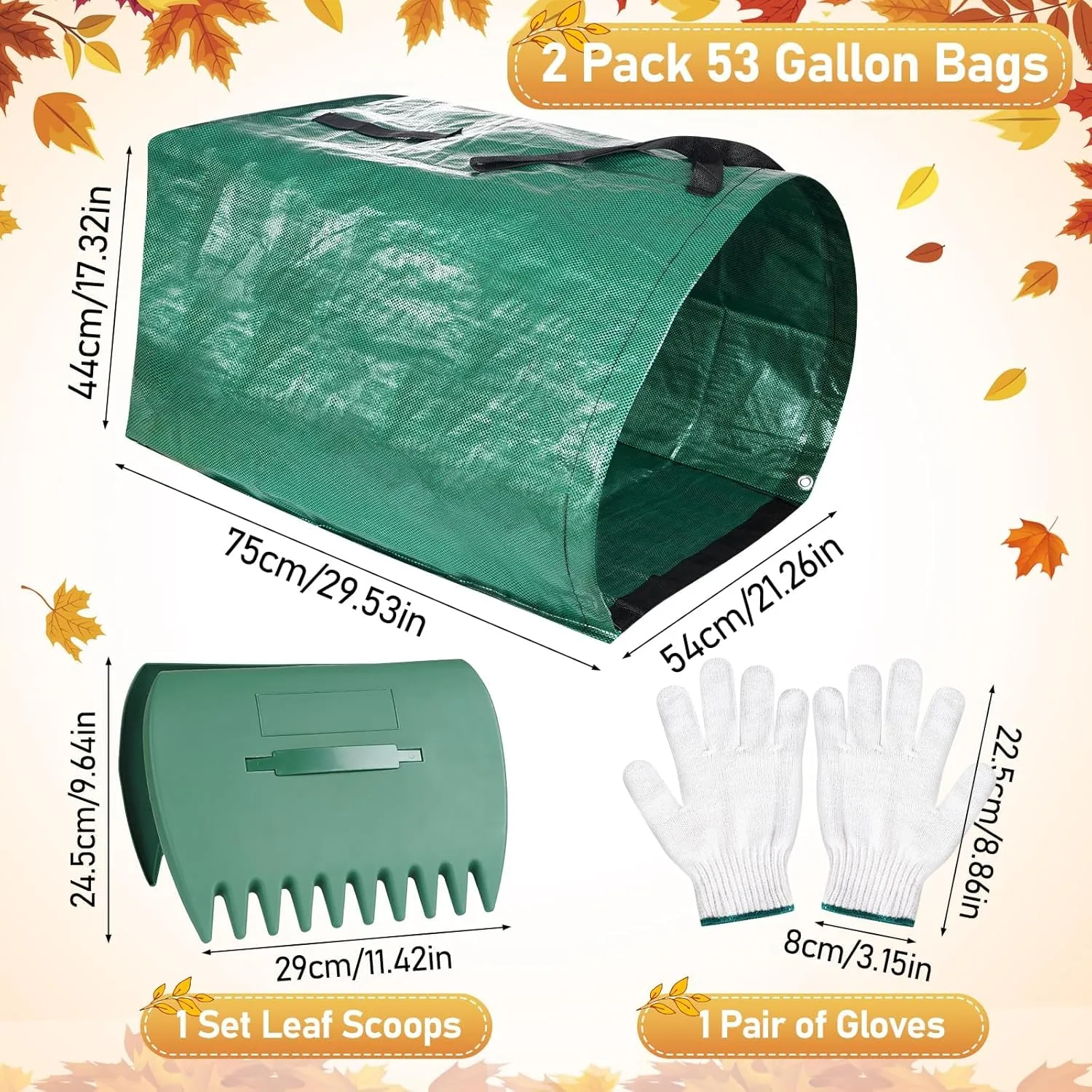 2 Pack 53 Gallon Leaf Bags Foldable, Garden Bag for Collecting Leaves, Hardshell Bottom Heavy Duty Collapsible Garden Bag, Includes Scoops and Gloves for Lawn Pool Garden Leaf Waste Bag
