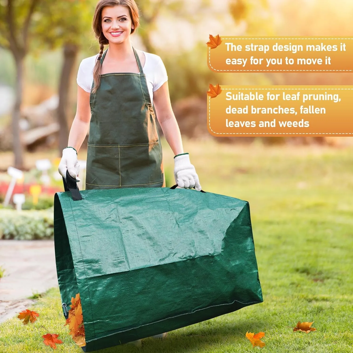 2 Pack 53 Gallon Leaf Bags Foldable, Garden Bag for Collecting Leaves, Hardshell Bottom Heavy Duty Collapsible Garden Bag, Includes Scoops and Gloves for Lawn Pool Garden Leaf Waste Bag