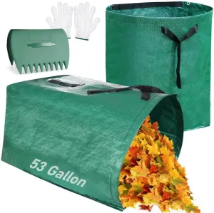 2 Pack 53 Gallon Leaf Bags Foldable, Garden Bag for Collecting Leaves, Hardshell Bottom Heavy Duty Collapsible Garden Bag, Includes Scoops and Gloves for Lawn Pool Garden Leaf Waste Bag