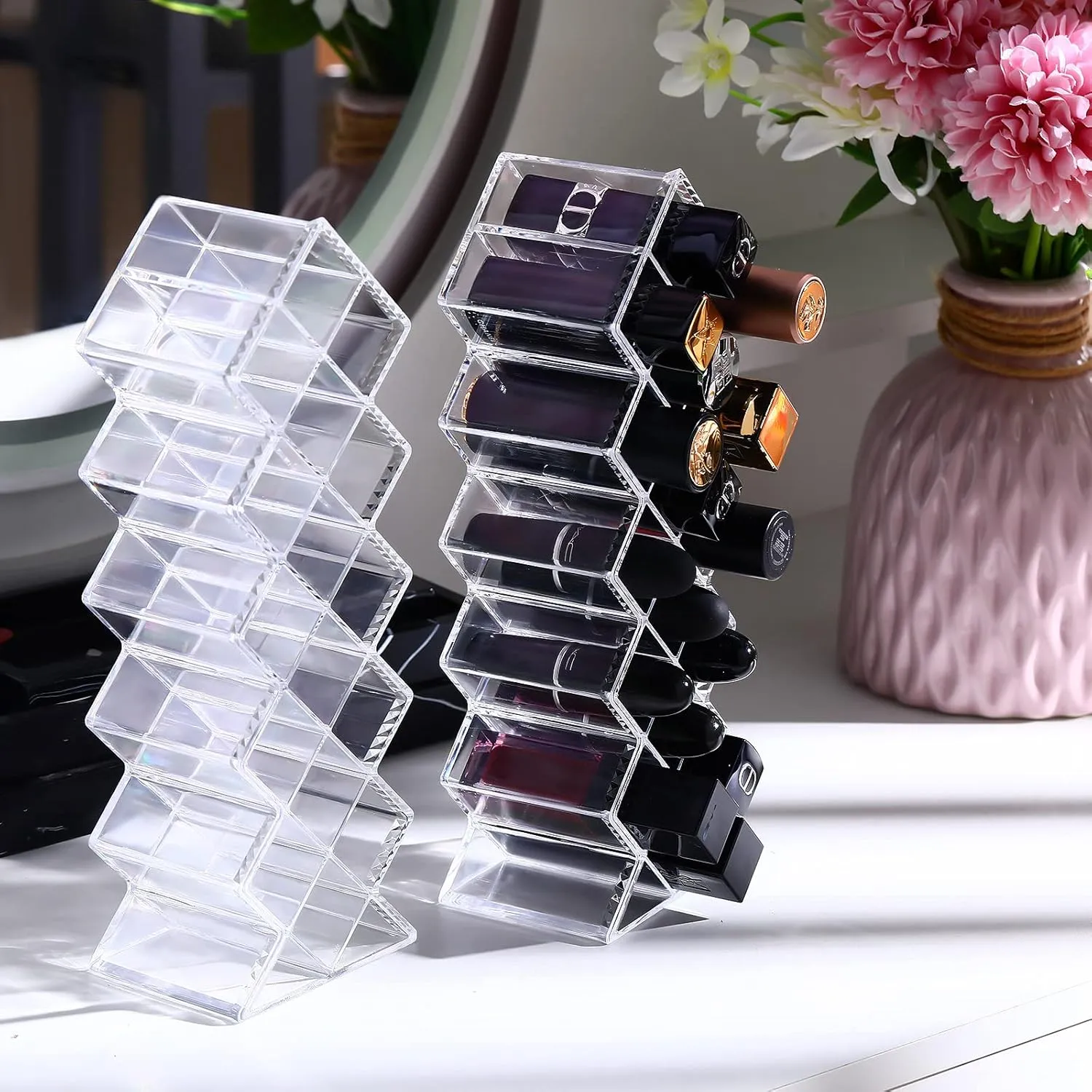 2 Pack Acrylic Lipstick Holder Organizer 32 Slots Clear Lip Gloss Holder Organizers Stackable Fish Shape Lipsticks Tower Lipstick Case Display Stand Storage Box for Makeup Cosmetic Vanity drawer