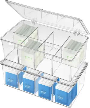 2-Pack Clear Plastic Tea Storage Organizer with Removable Dividers – Tea-Bag Box Organizers with 8 Compartments & Lid, Transparent Tea Holder Organizer for Easy Access and Organization (10.8×6.5×3.7")