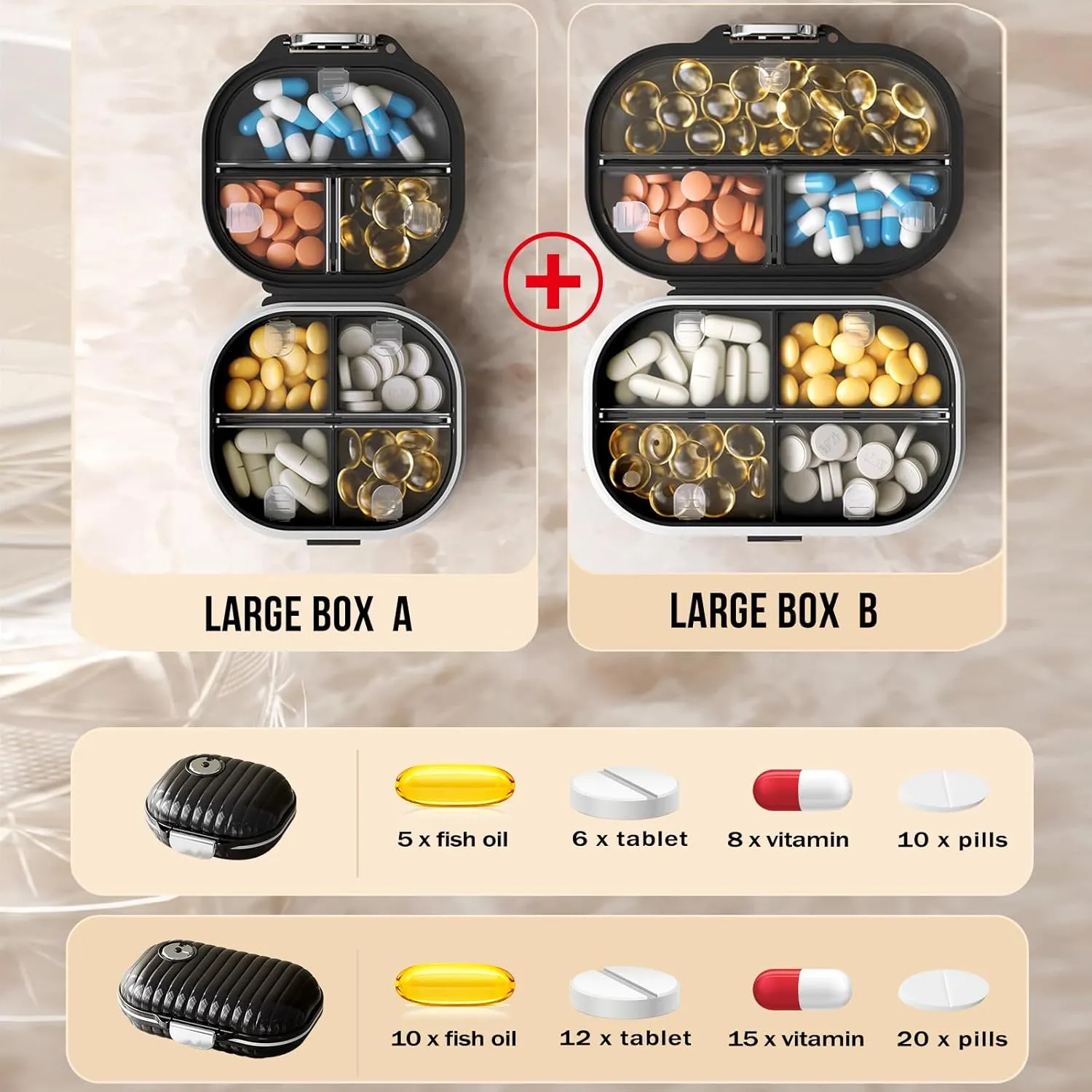 2 Pack Pill Organizer Pill Box 7 Compartments Large Pill Dispenser Home Travel Supplement Holder Airtight Vitamin Container Daily Medicine Travel Essentials(Small  Large)