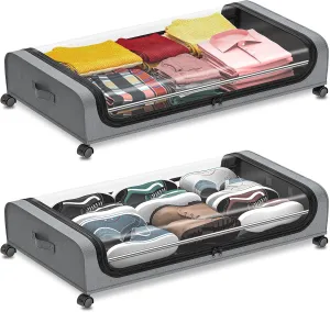 2-Pack Under Bed Storage with Wheels Rolling Underbed Organizer Containers Drawer Bins with Lid for Clothes, Shoes, Toys, Books, Blankets