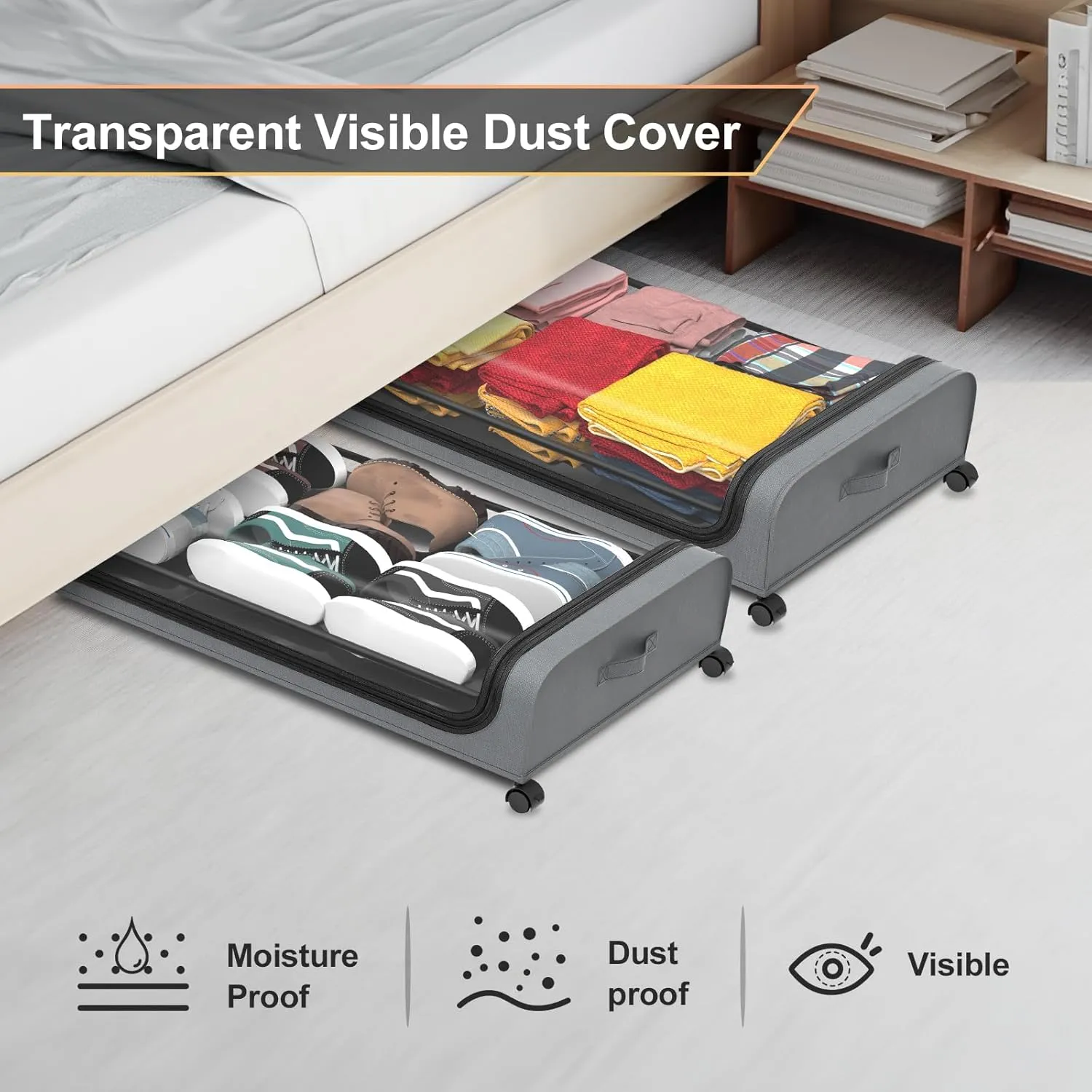 2-Pack Under Bed Storage with Wheels Rolling Underbed Organizer Containers Drawer Bins with Lid for Clothes, Shoes, Toys, Books, Blankets