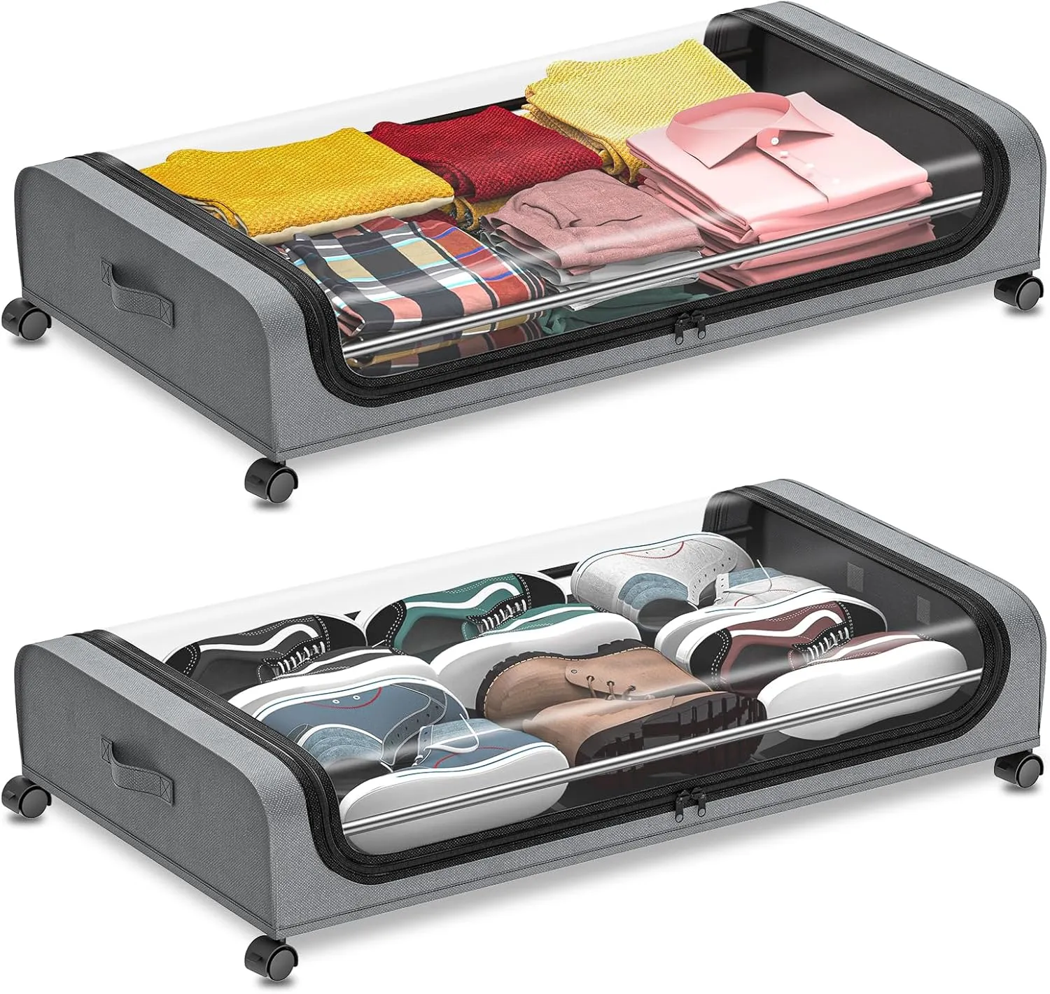 2-Pack Under Bed Storage with Wheels Rolling Underbed Organizer Containers Drawer Bins with Lid for Clothes, Shoes, Toys, Books, Blankets