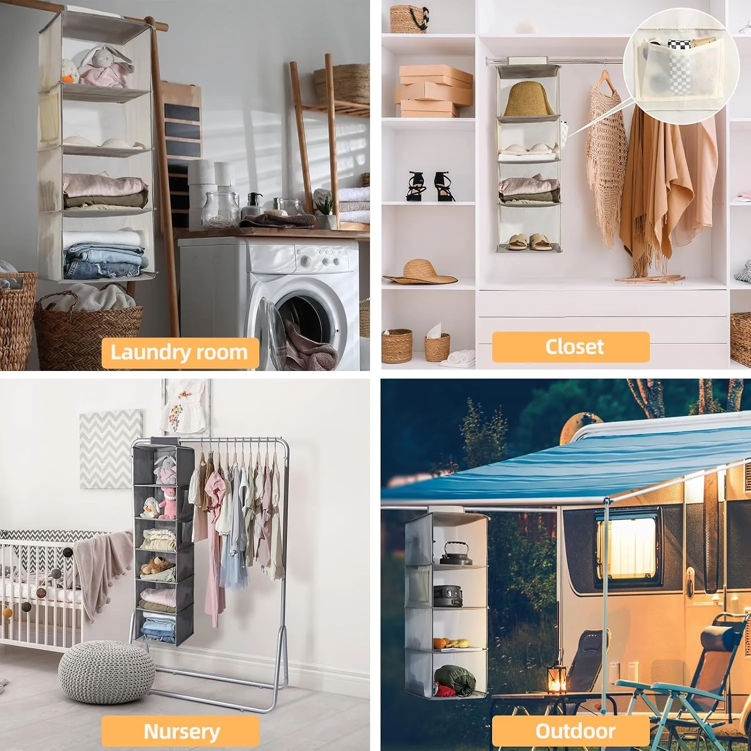 2 Packs Hanging Closet Organizer Storage, 6-Shelf Hanging Shelves for Closet, Closet Clothes Organizer and Storage with Side Pockets, Beige