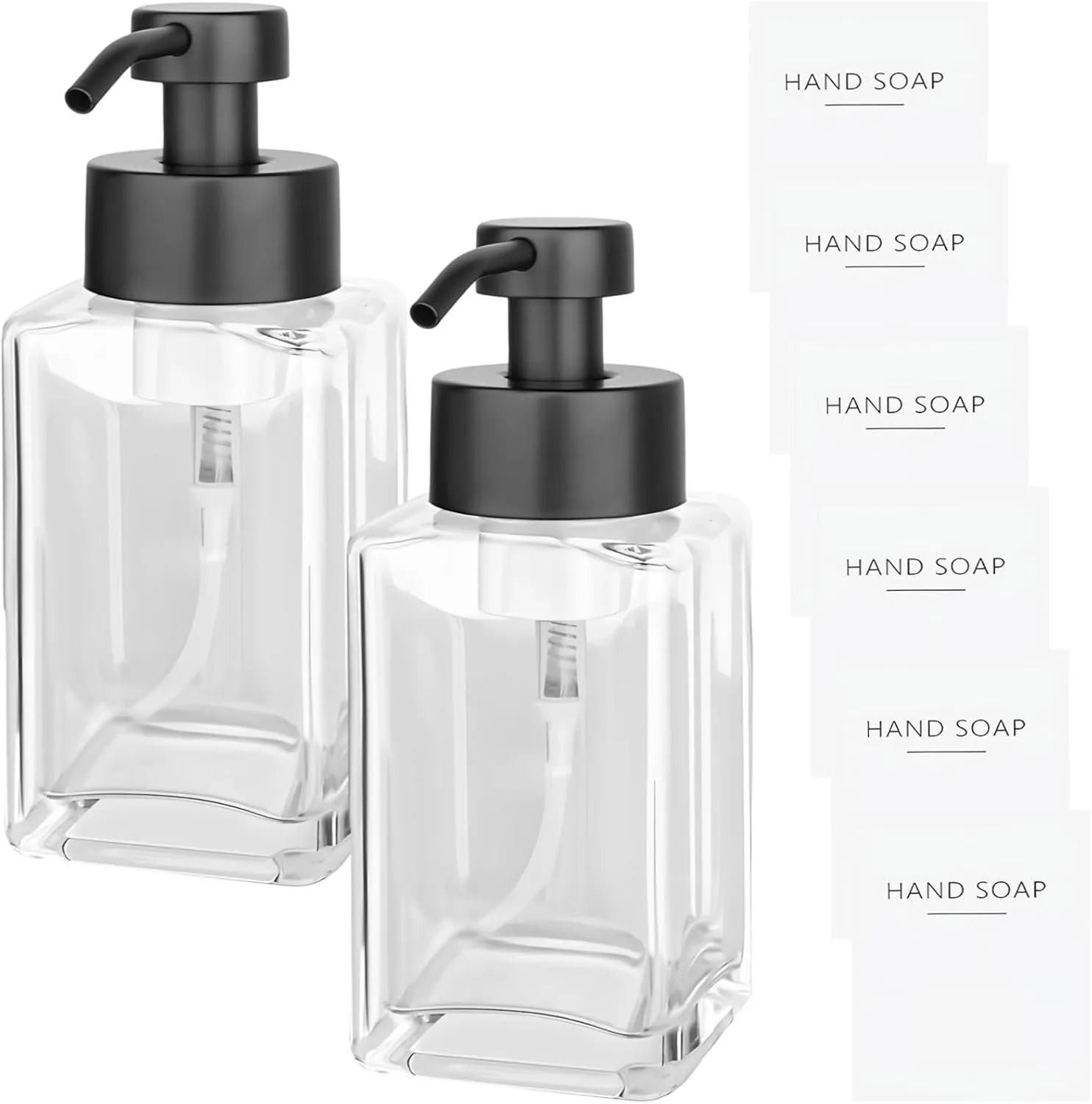 2 Pcs Foaming Soap Glass Dispensers with Pump, 12 Oz Refillable Glass Bottles for Home & Kitchen, Includes 6 Labels
