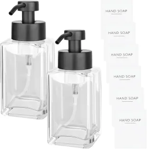2 Pcs Foaming Soap Glass Dispensers with Pump, 12 Oz Refillable Glass Bottles for Home & Kitchen, Includes 6 Labels