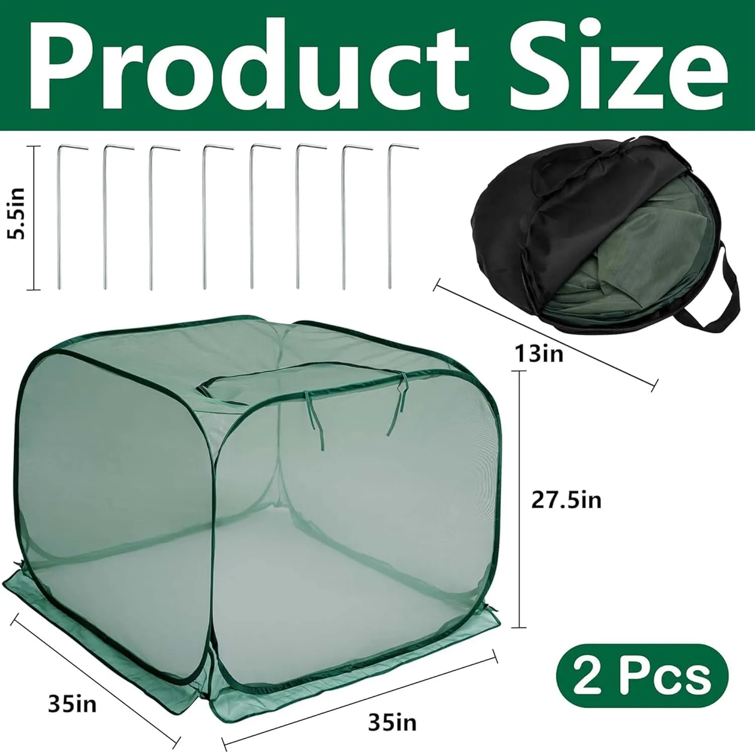 2 Pcs Pop Up Mesh Plant Cover, 35" x 35" x 27.5" Foldable Plant Protector Mesh Plant Enclosure, Garden Net Cage Guard Cover with 8 Ground Stakes for Protecting Plant Vegetable Fruit from Birds Insects