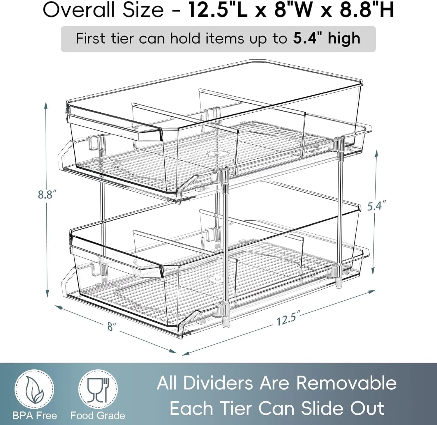 2 Tier Clear Organizer with Dividers for Cabinet, Shlef, Counter - Under Sink Organizing, MultiUse Slide-Out Storage Container - Kitchen, Vanity Makeup,Pantry (8" W - 1 Set)