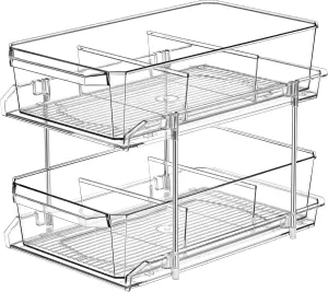 2 Tier Clear Organizer with Dividers for Cabinet, Shlef, Counter - Under Sink Organizing, MultiUse Slide-Out Storage Container - Kitchen, Vanity Makeup,Pantry (8" W - 1 Set)