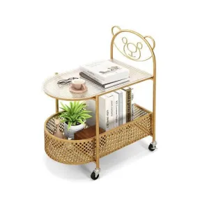 2-Tier Mobile Glass Coffee Table with Bear Pattern-Golden - Color: Golden
