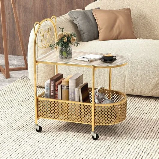 2-Tier Mobile Glass Coffee Table with Bear Pattern-Golden - Color: Golden