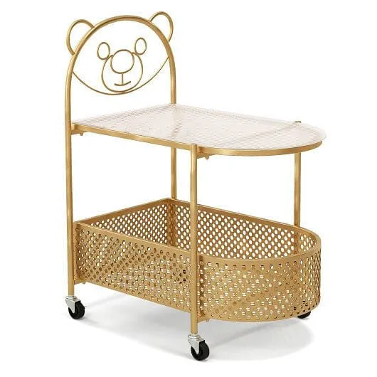 2-Tier Mobile Glass Coffee Table with Bear Pattern-Golden - Color: Golden