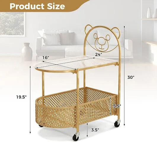 2-Tier Mobile Glass Coffee Table with Bear Pattern-Golden - Color: Golden