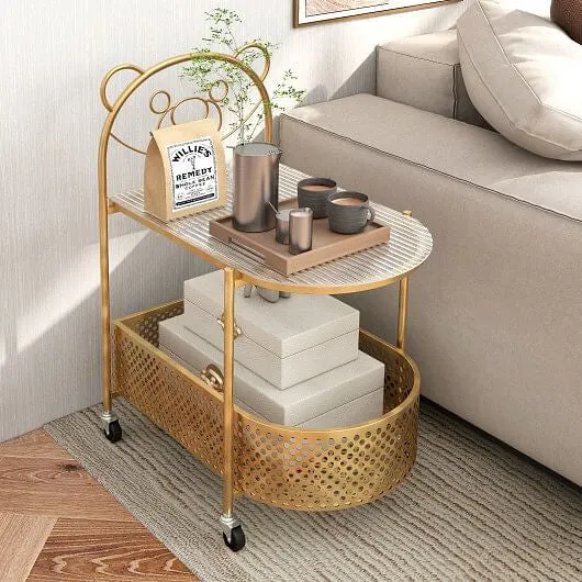 2-Tier Mobile Glass Coffee Table with Bear Pattern-Golden - Color: Golden
