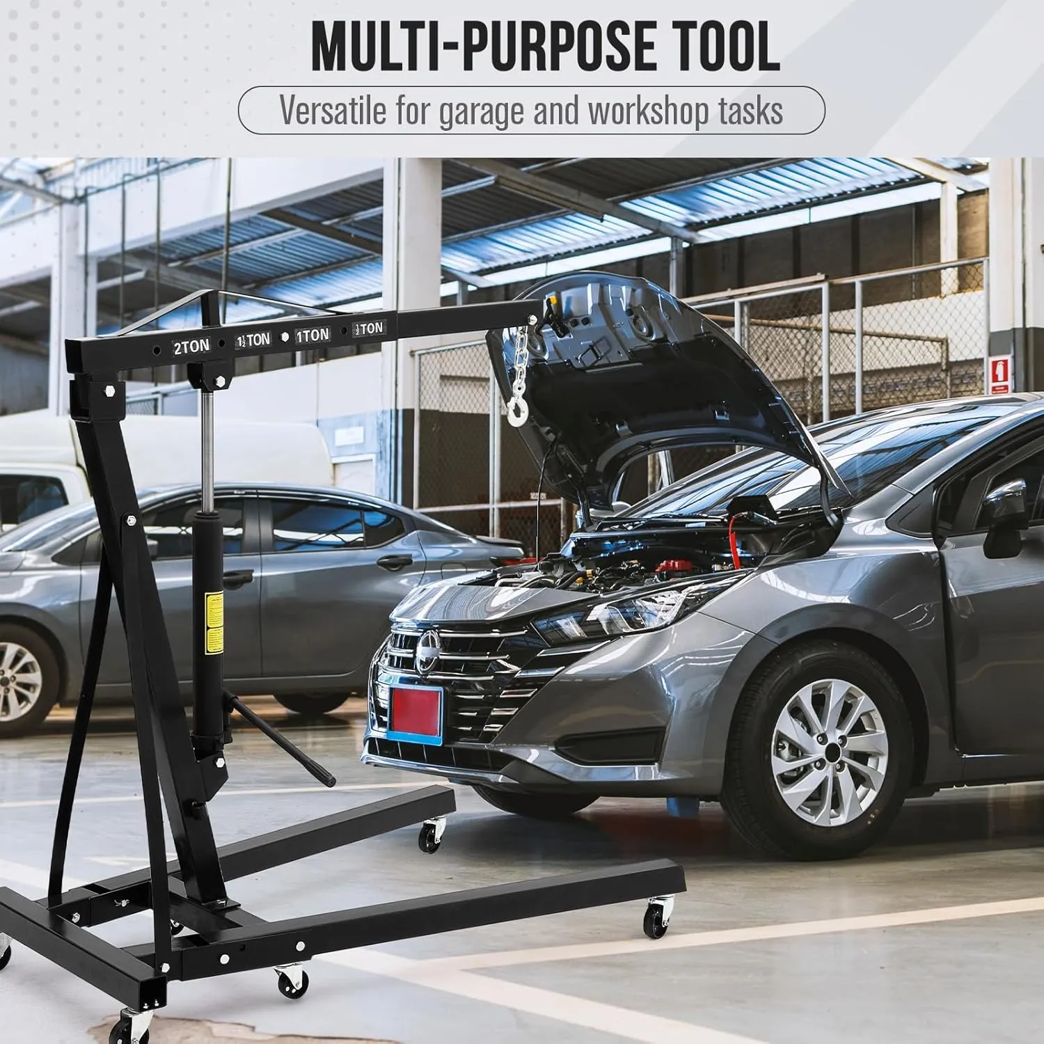 2 Ton Engine Hoist, 4400 LBS Heavy Duty Folding Hydraulic Cherry Picker Engine Crane with 6 Swivel Casters & Telescopic Boom Hitch for Garage, Workshop, Factory, Ports & Warehouses